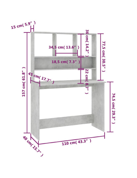 Scrivania Mensole Grigio Cemento 110x45x157cm Legno Multistrato
