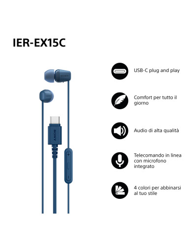 Sony IER-EX15C Auricolare Cablato In-ear Musica e Chiamate USB tipo-C Blu