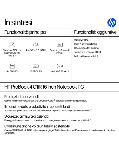 HP ProBook 4 G1iR Intel® Core™ i5 i5-1334U Computer portatile 40,6 cm (16") WUXGA 16 GB DDR5-SDRAM 512 GB SSD Wi-Fi 6E (802.1