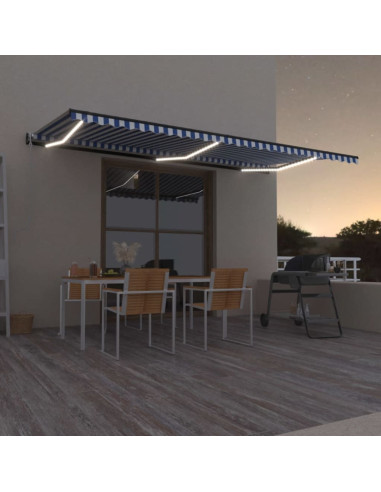 Tenda Automatica con Sensore Vento e LED 600x350 cm Blu Bianca