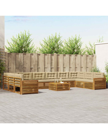 Set divani 11 pcs Naturale e Beige Legno di Acacia Massello