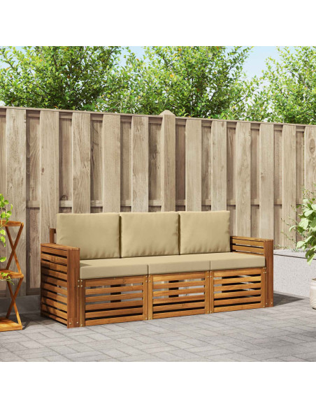 Set divani 3 pcs Naturale e Beige Legno di Acacia Massello