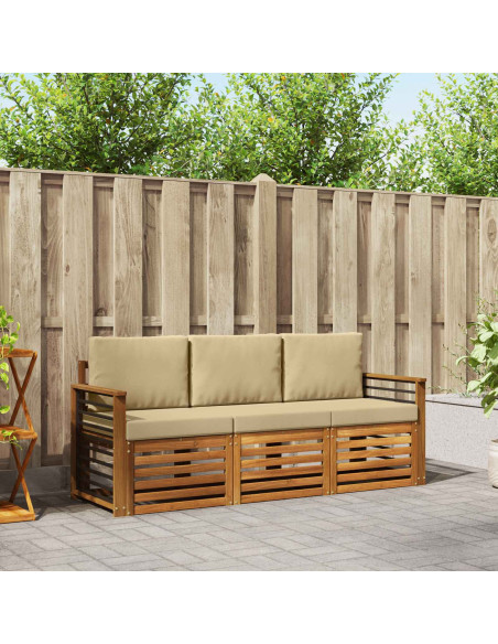 Set divani 3 pcs Naturale e Beige Legno di Acacia Massello