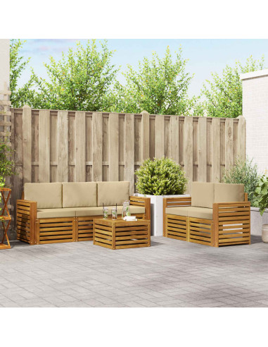 Set divani 6 pcs Naturale e Beige Legno di Acacia Massello