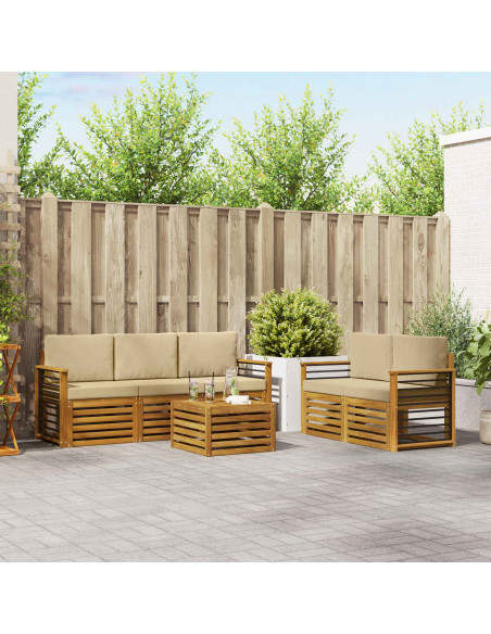 Set divani 6 pcs Naturale e Beige Legno di Acacia Massello