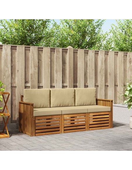 Set divani 3 pcs Naturale e Beige Legno di Acacia Massello