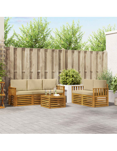 Set divani 6 pcs Naturale e Beige Legno di Acacia Massello