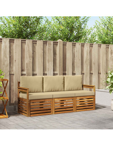 Set divani 3 pcs Naturale e Beige Legno di Acacia Massello
