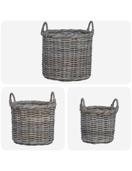 Cesto per Piante con archiviazione 3 pcs Grigio Rattan Kubu