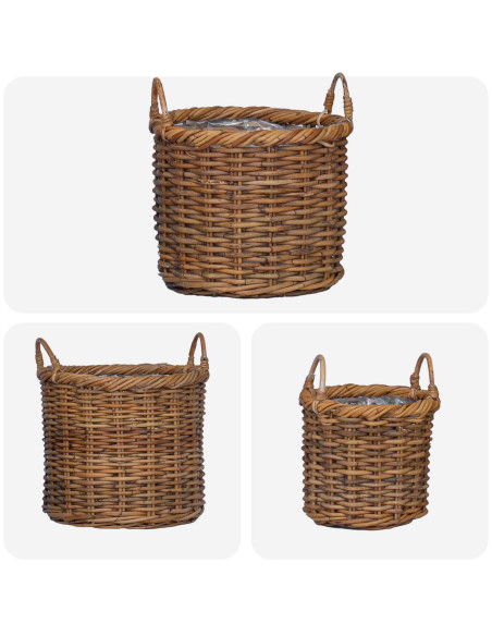 Cesto per Piante con archiviazione 3 pcs Marrone Rattan Kubu