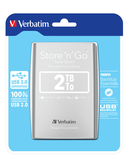 Verbatim Disco rigido portatile Store 'n' Go USB 3.0 da 2 TB Argento