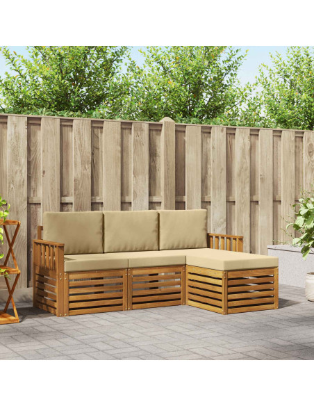 Set divani 4 pcs Naturale e Beige Legno di Acacia Massello