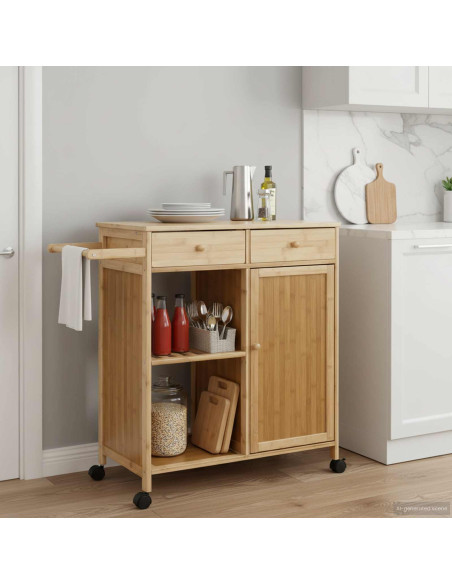 Carrello da Cucina con Ruote Naturale 90,5 x 36 x 86,5 cm Bambù
