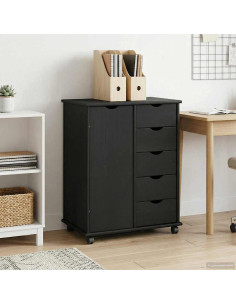 Mobile con Ruote Nero 63,5 x 39 x 79 cm Legno di Pino Massello