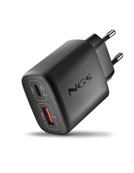 NGS EON 45W BLACK: CARICATORE GaN DA PARETE UNIVERSALE DA 45W con 2 porte: USB-C + USB-A