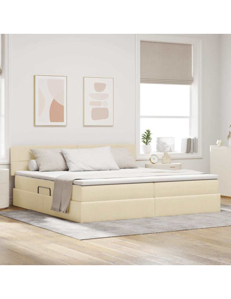 Letto con contenitore e LED con led Crema 200 x 200 cm Tessuto