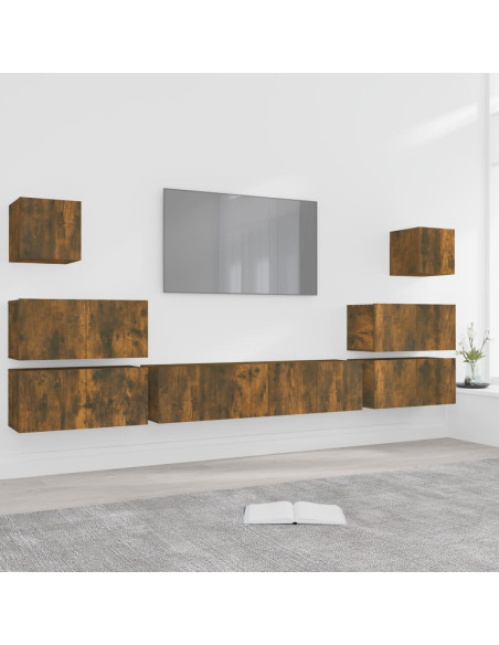 Set Mobili Porta TV 8pz Rovere Fumo in Legno Multistrato