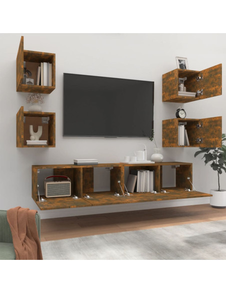 Set di Mobili Porta TV 6 pz Rovere Fumo in Legno Multistrato