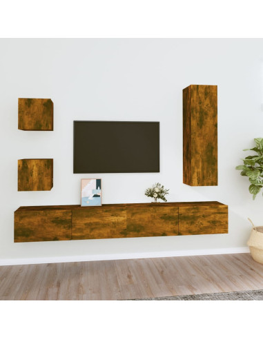 Set di Mobili Porta TV 5 pz Rovere Fumo in Legno Multistrato