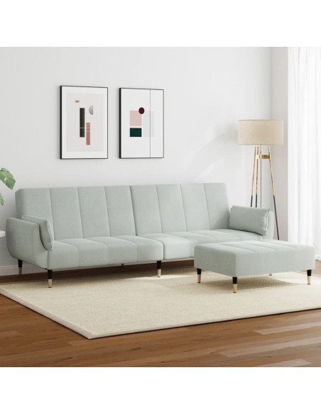 Divano Letto a 2 Posti con Poggiapiedi Grigio Chiaro in Velluto