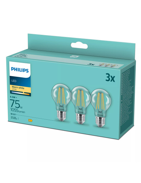 Philips Lampadina trasparente a filamento 75 W A60 E27 x3