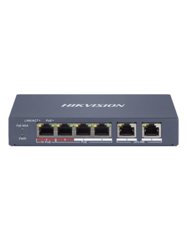SWITCH HIKVISION SMART MANAGED HI-POE 10/100 L2, 4 10/100M RJ45 POE PORTS, 2 10/100M RJ45 PORT, 802.