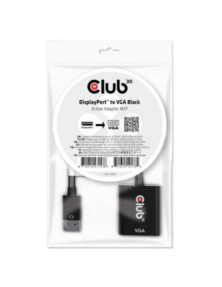 CLUB3D ADATTATORE DISPLAYPORT 1.1A MALE TO VGA FEMALE ACTIVE BLACK