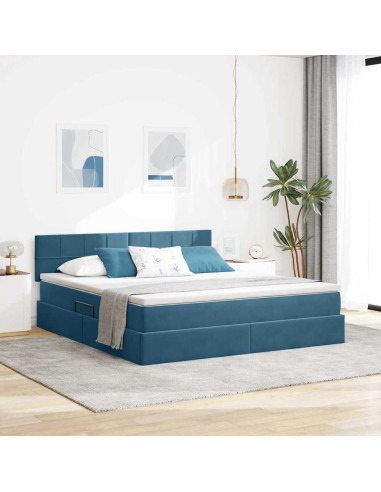Letto con contenitore e LED Blu Scuro 160 x 200 cm Velluto