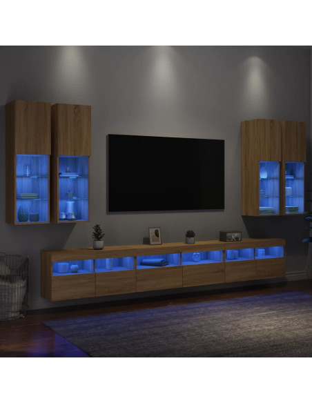 Set Mobili TV a Muro 7 pz con Luci LED Rovere Sonoma