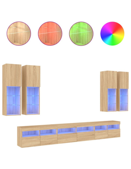 Set Mobili TV a Muro 7 pz con Luci LED Rovere Sonoma