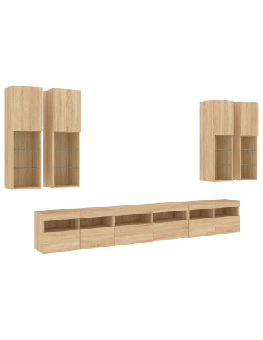 Set Mobili TV a Muro 7 pz con Luci LED Rovere Sonoma