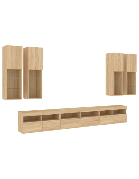 Set Mobili TV a Muro 7 pz con Luci LED Rovere Sonoma