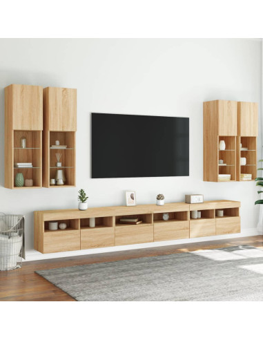 Set Mobili TV a Muro 7 pz con Luci LED Rovere Sonoma