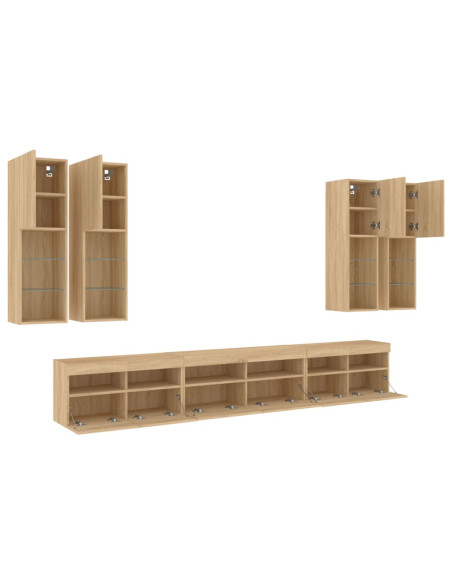 Set Mobili TV a Muro 7 pz con Luci LED Rovere Sonoma