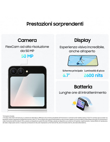Samsung Galaxy Z Flip7 FE Smartphone AI, RAM 8GB, 256GB, Display 3,4" Super AMOLED/6,7" Dynamic AMOLED 2X, Fotocamera 50MP, Whit