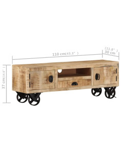 Mobile Porta TV con Ruote 110x30x37 cm in Legno di Mango Grezzo