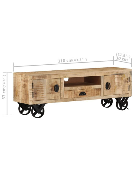 Mobile Porta TV con Ruote 110x30x37 cm in Legno di Mango Grezzo