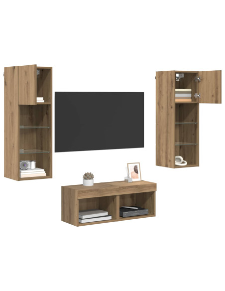 Mobiletti TV da Parete 4 pcs Rovere Nero Legno multistrato