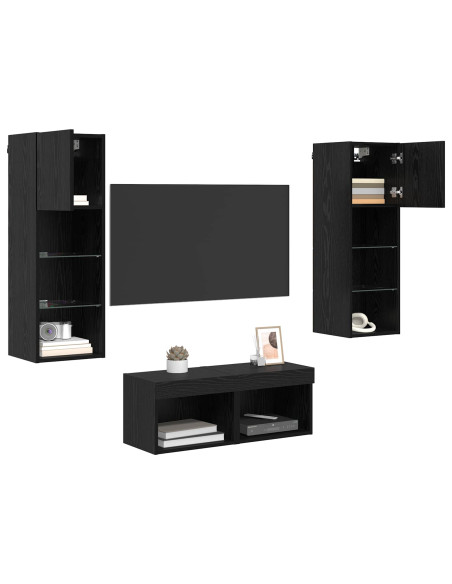 Mobiletti TV da Parete 4 pcs Rovere Nero Legno multistrato