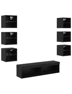 Mobile TV con luci a strisce a LED 8 pcs Rovere Nero Vetro 2