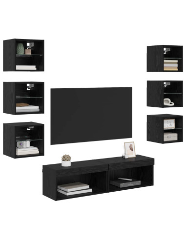 Mobile TV con luci a strisce a LED 8 pcs Rovere Nero Vetro