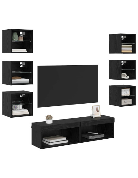 Mobile TV con luci a strisce a LED 8 pcs Rovere Nero Vetro