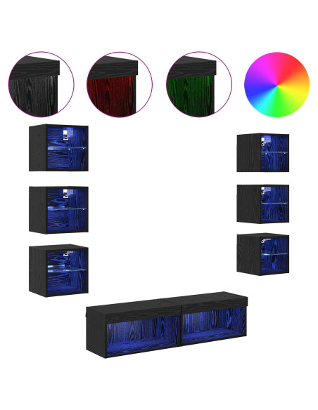 Mobile TV con luci a strisce a LED 8 pcs Rovere Nero Vetro