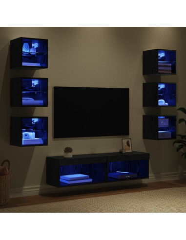 Mobile TV con luci a strisce a LED 8 pcs Rovere Nero Vetro