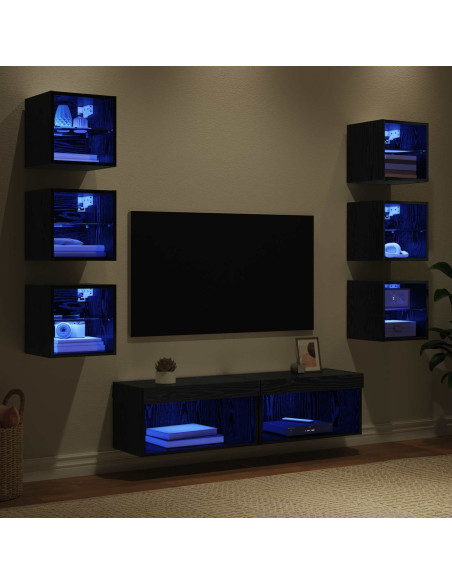 Mobile TV con luci a strisce a LED 8 pcs Rovere Nero Vetro