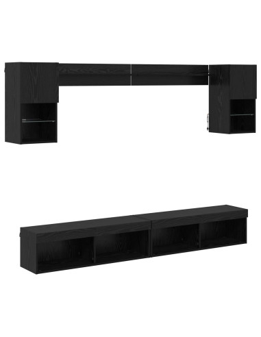 Unità a muro per TV con LED 6 pcs Rovere Nero Legno multistrato