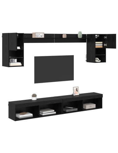 Unità a muro per TV con LED 6 pcs Rovere Nero Legno multistrato