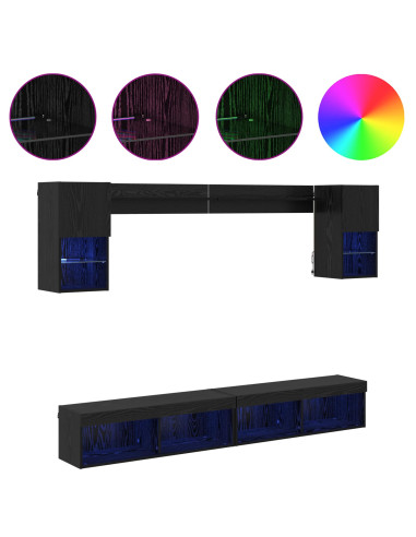 Unità a muro per TV con LED 6 pcs Rovere Nero Legno multistrato