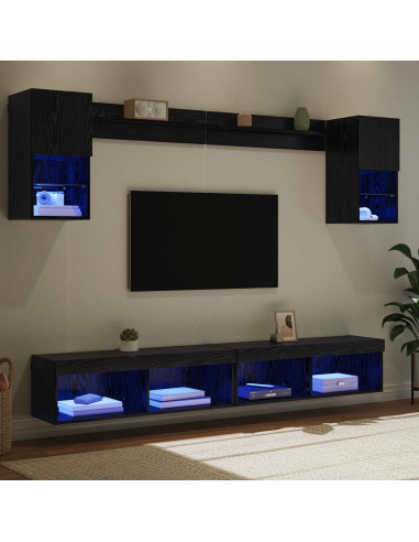 Unità a muro per TV con LED 6 pcs Rovere Nero Legno multistrato