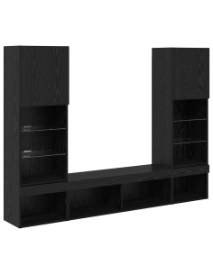 Unità a muro per TV con LED 5 pcs Rovere Nero Legno multistrato 2